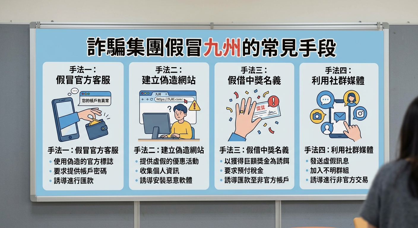 圖中展現一塊白板，上方標題為「詐騙集團假冒九州的常見手段」。 下方則列出假冒客服、建立偽造網站、假借中獎與利用社群媒體等四種主要詐騙手法與細節。